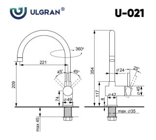 Смеситель для кухни Ulgran Classic Ulgran 021(344) ультра-чёрный